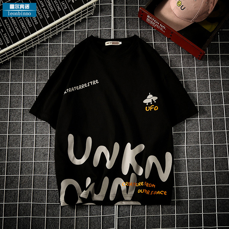 夏季日系帅气字母印花短袖T恤男潮牌潮流大码宽松韩版半袖胖子短t