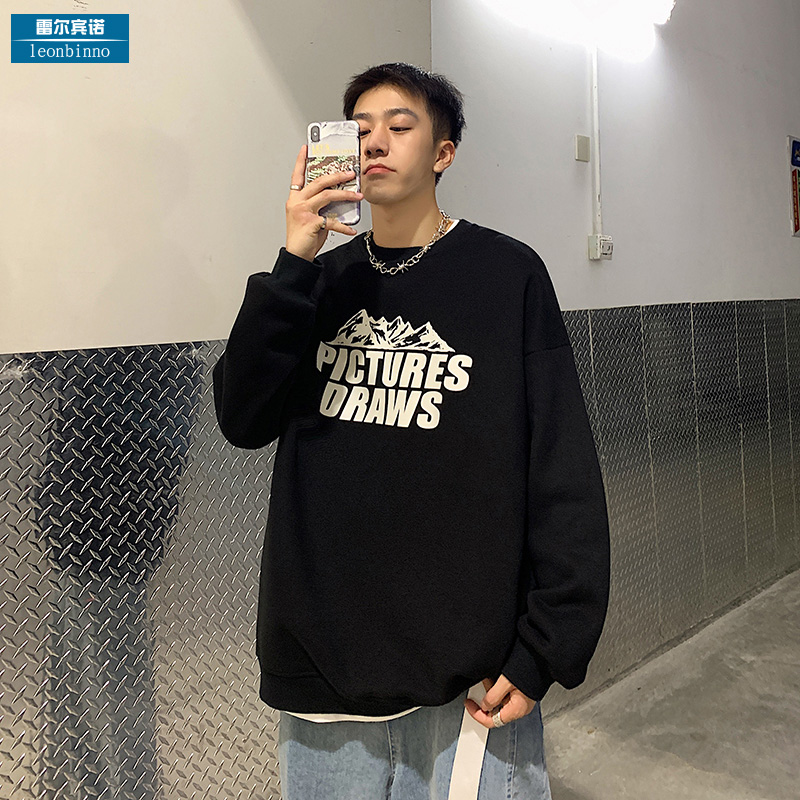 港风雪山vintage卫衣男加绒加厚潮流潮牌圆领上衣ins春季宽松外套