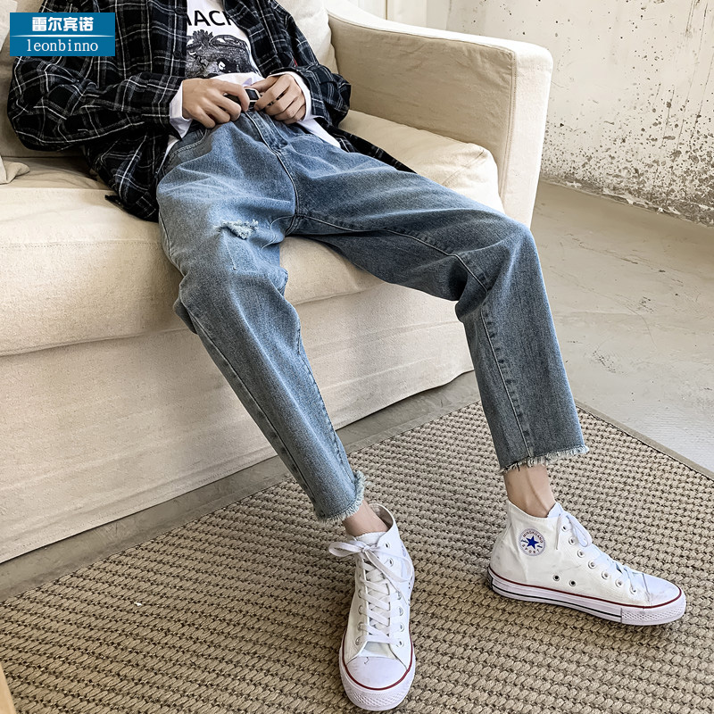 破洞牛仔裤男潮夏季薄款宽松直筒老爹裤质感韩版潮流休闲九分裤子