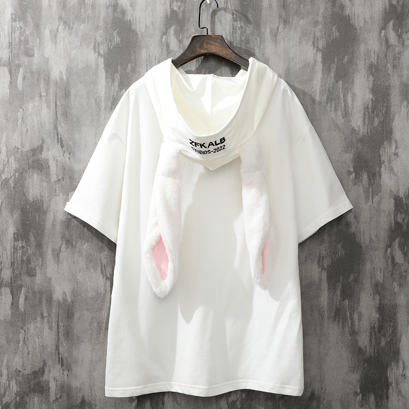 连帽兔耳朵情侣短袖t恤2021夏季新款宽松ins潮流宽松半袖帽衫男潮