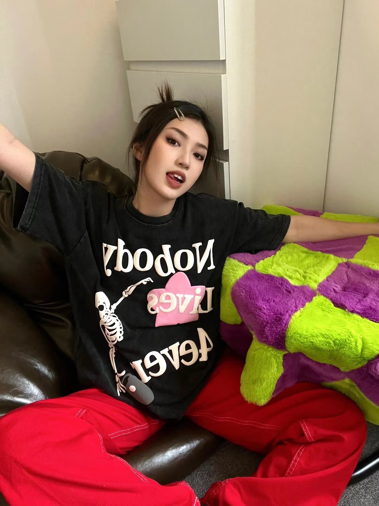 4EVER 新款骷髅发泡字母街头宽松男女情侣水洗做旧圆领短袖t恤潮