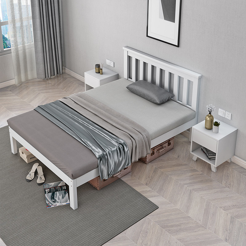 简约北欧小户型90cm单人床儿童成人实木白色床1m米加高腿储物小床