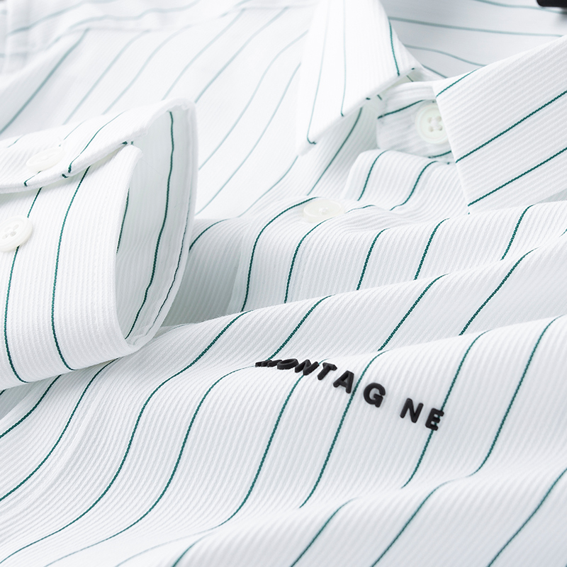 轻商务轻奢秋季薄款白色条纹长袖衬衫男修身凸胶抗皱弹力寸衫男士