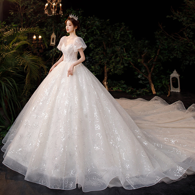 韩式轻主婚纱2023新款新娘小个子气质拖尾重工婚纱