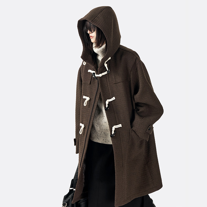 ambosc冬季休闲拉链防风复古牛角毛呢大衣宽松毛呢外套