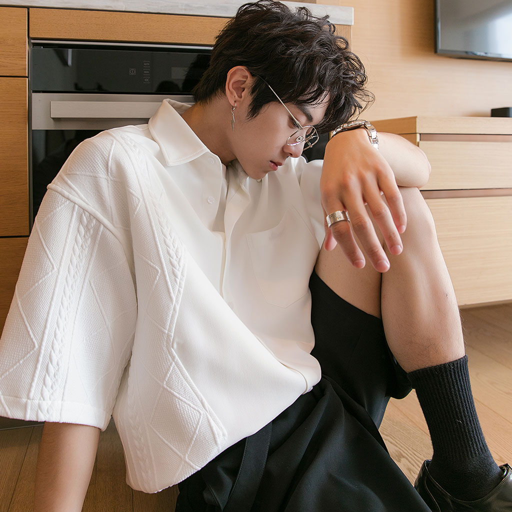 CHICERRO西西里男装拼接设计感短袖衬衫男夏季宽松休闲男士衬衣潮