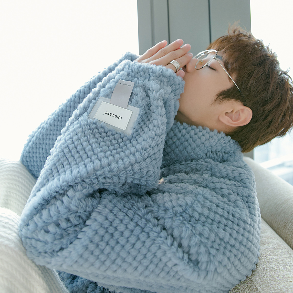 CHICERRO西西里男装蓝色颗粒兔毛外套男秋冬宽松男士休闲加厚棉服