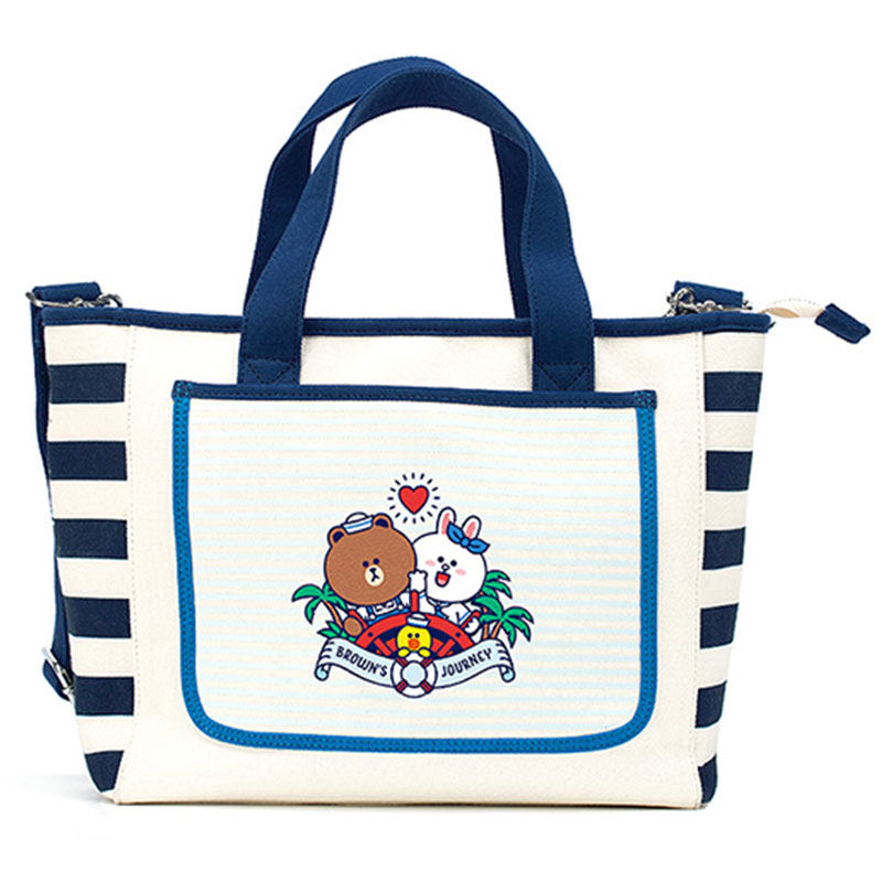 linefriends布朗熊海军帆布包单肩斜跨包便携携手拎包购物袋