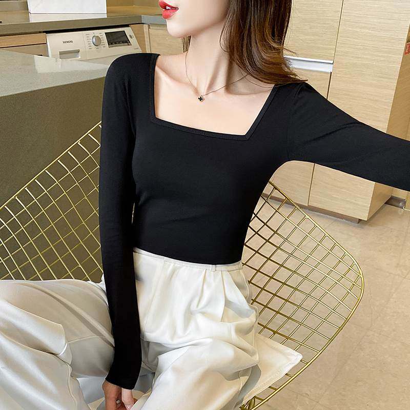 黑色方领打底衫女内搭2022新款秋冬紧身低领长袖t恤洋气德绒上衣