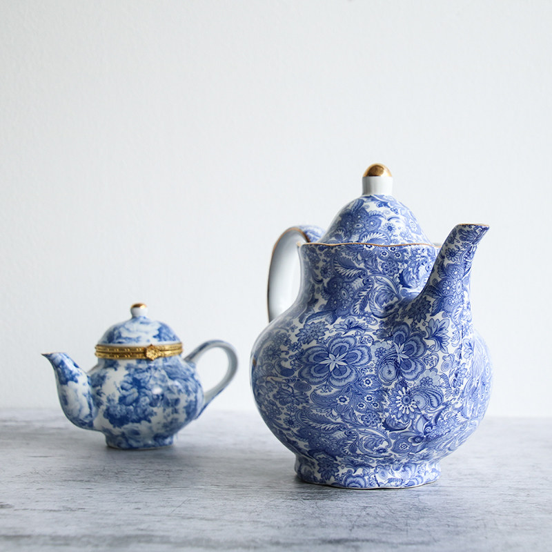茶壶出口法国陶瓷精美复古青花图案茶壶