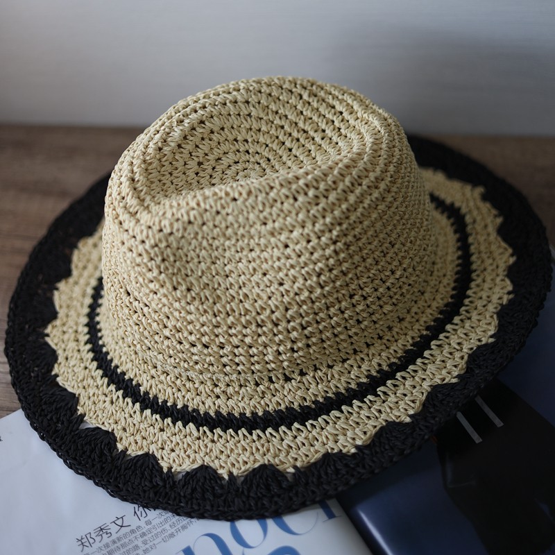 日本新款手钩草帽夏季可折叠盆帽圆顶渔夫时尚休闲帽子