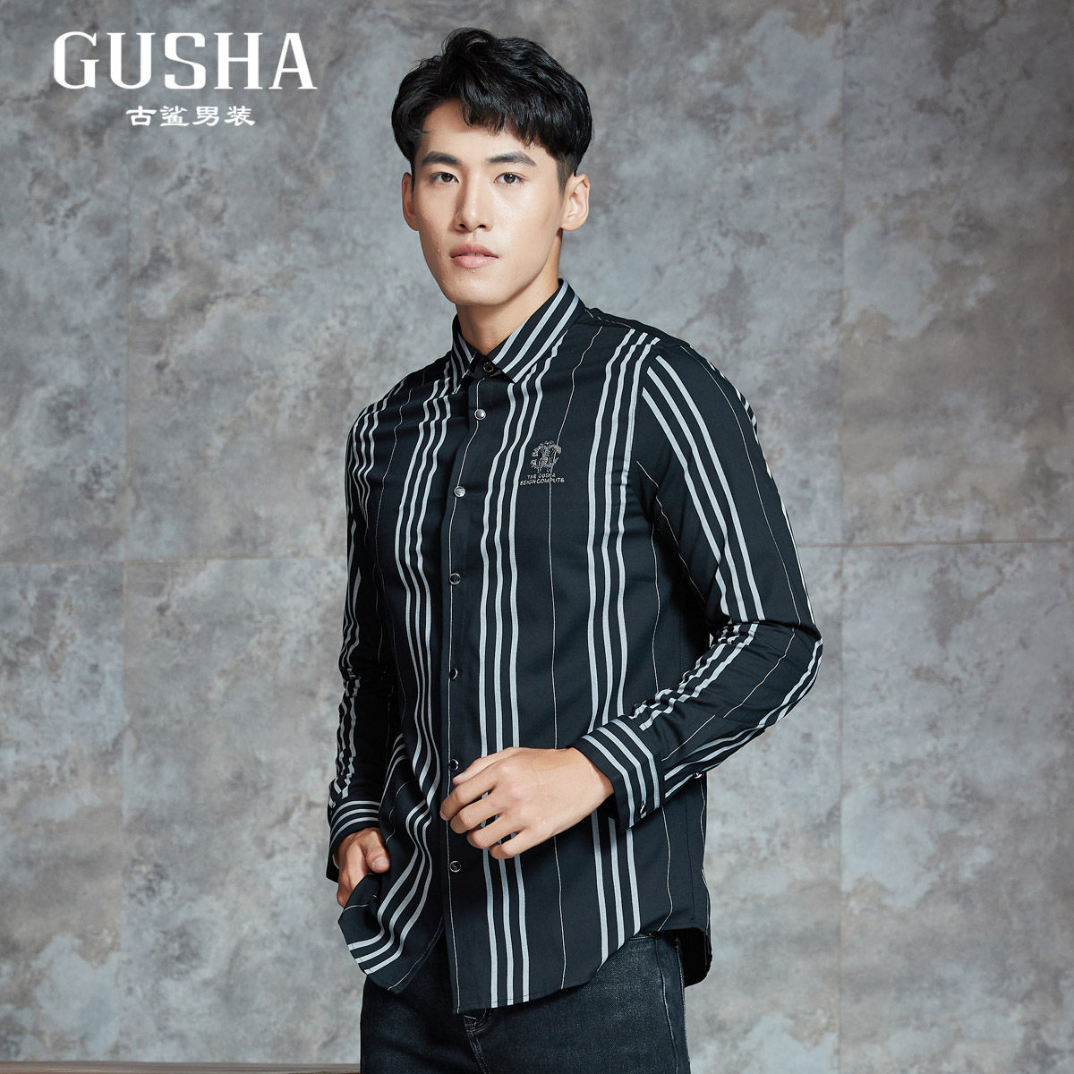 古鲨秋季新款黑色条纹字母休闲衬衫潮流长袖衬衫