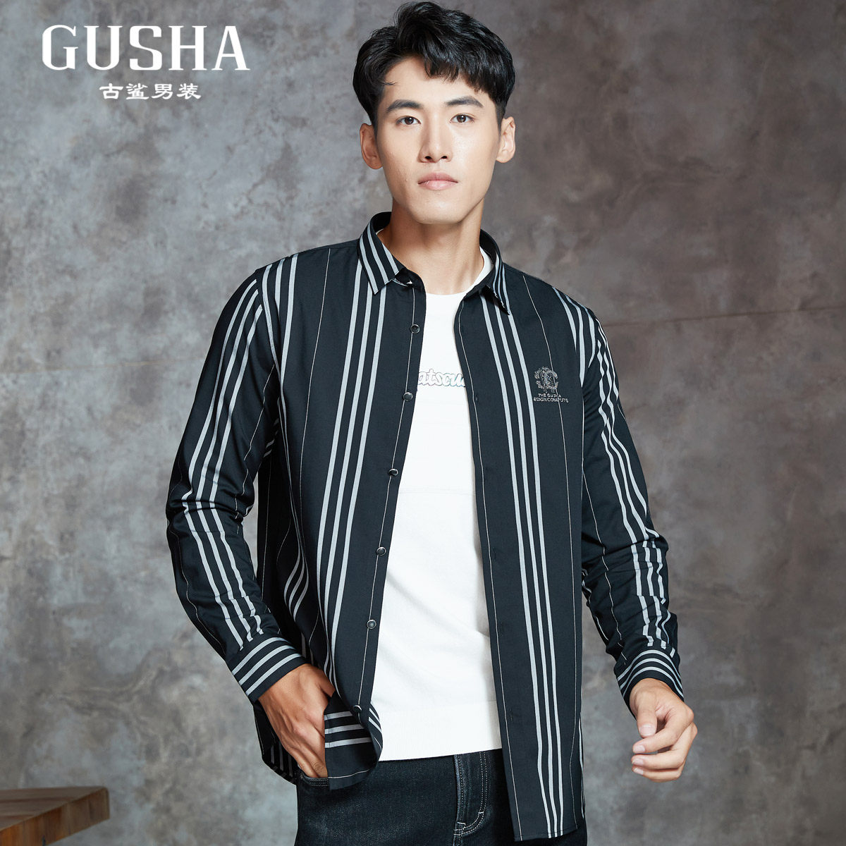 古鲨秋季新款黑色条纹字母休闲衬衫潮流长袖衬衫