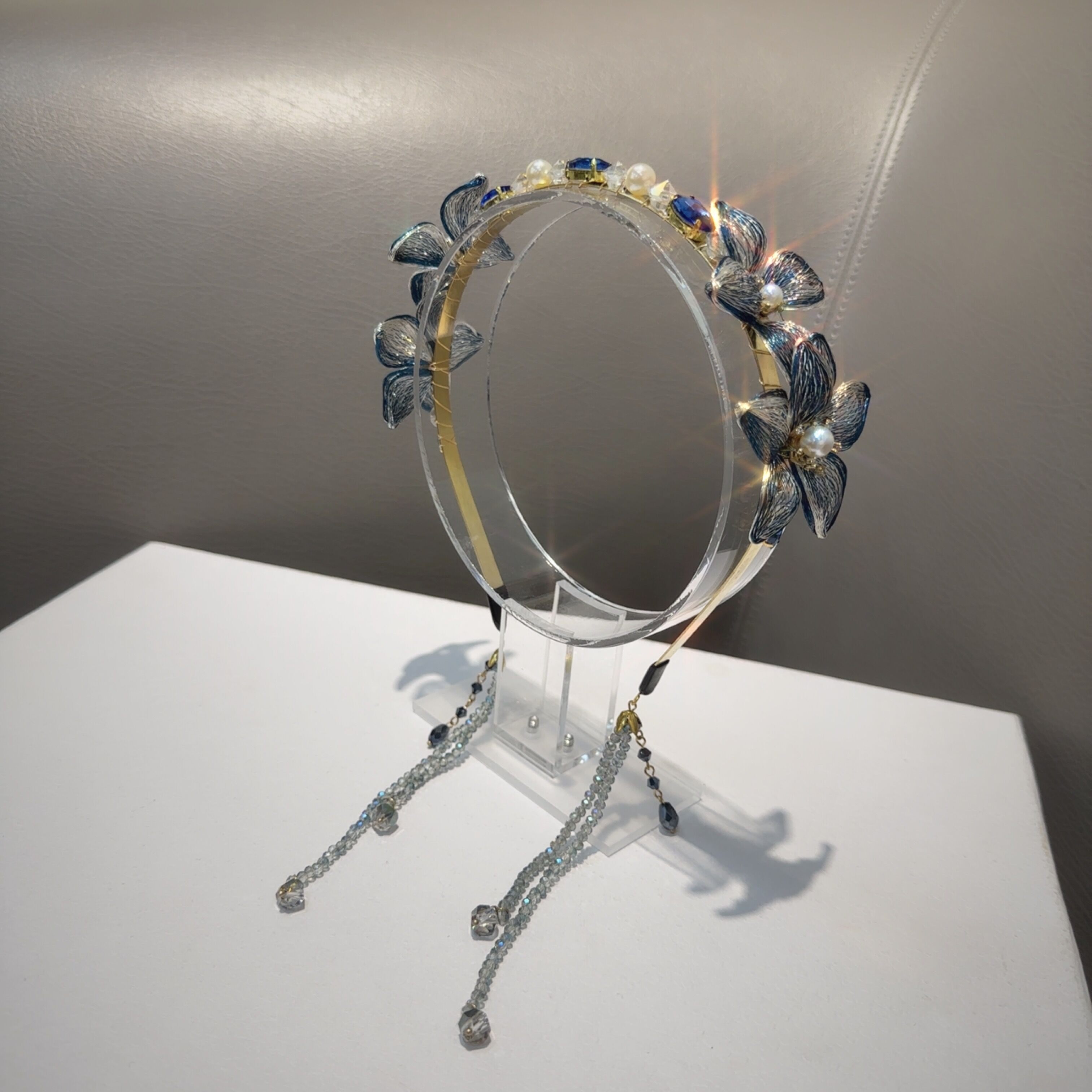 蓝色手工铜丝丝线花朵流苏苏发箍女轻奢名媛发饰