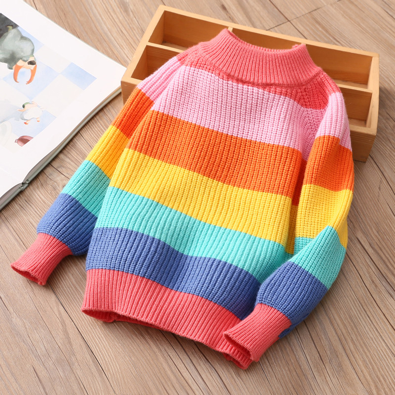 > 宝宝彩虹毛衣 2020秋冬装新款女童童装儿童半高领针织衫my-1681