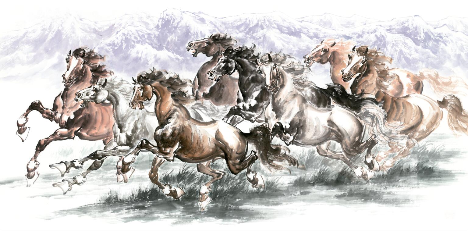 八骏图马到成功中式国画水墨山水画书法装饰字画工笔花鸟微喷画心