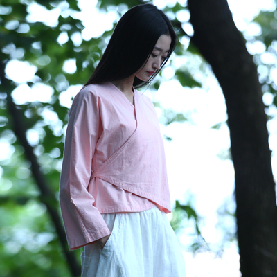 古石原创布衣春装纯棉粉红色改良汉服系带收腰连禅意茶服女短外套