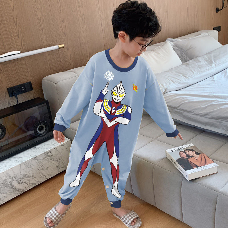 儿童秋装连体睡衣男童薄款纯棉小男孩奥特曼春秋家居服连体衣