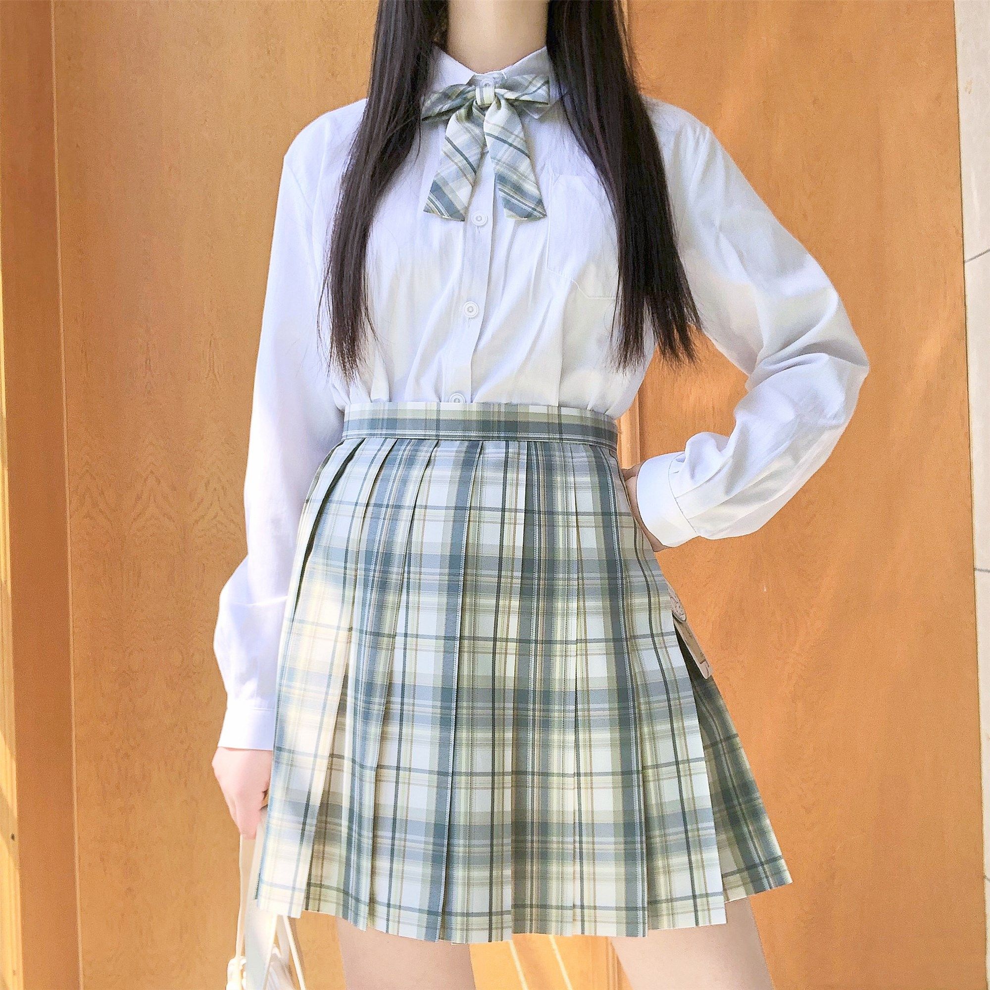 学院现货百褶裙高腰色格风绿青箬兔缝制服jk半身裙