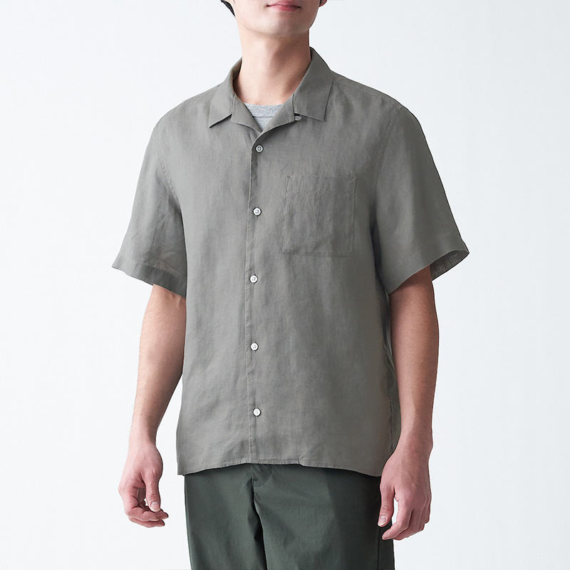 无印良品 MUJI 男式 法国亚麻水洗 开领短袖衬衫 327531