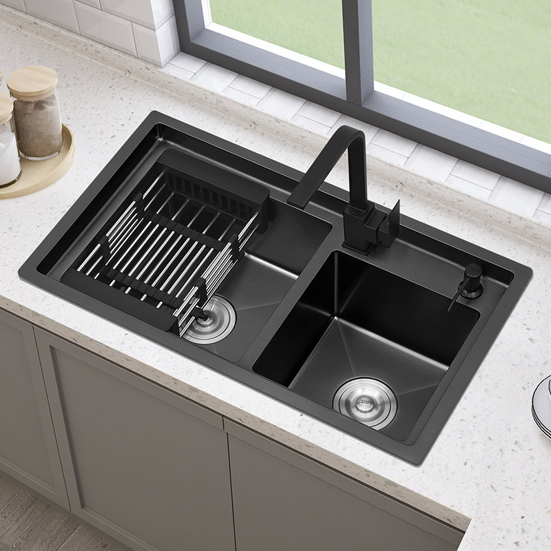 黑色厨房纳米水槽双槽套装台下家用不锈钢嵌入式水槽套餐