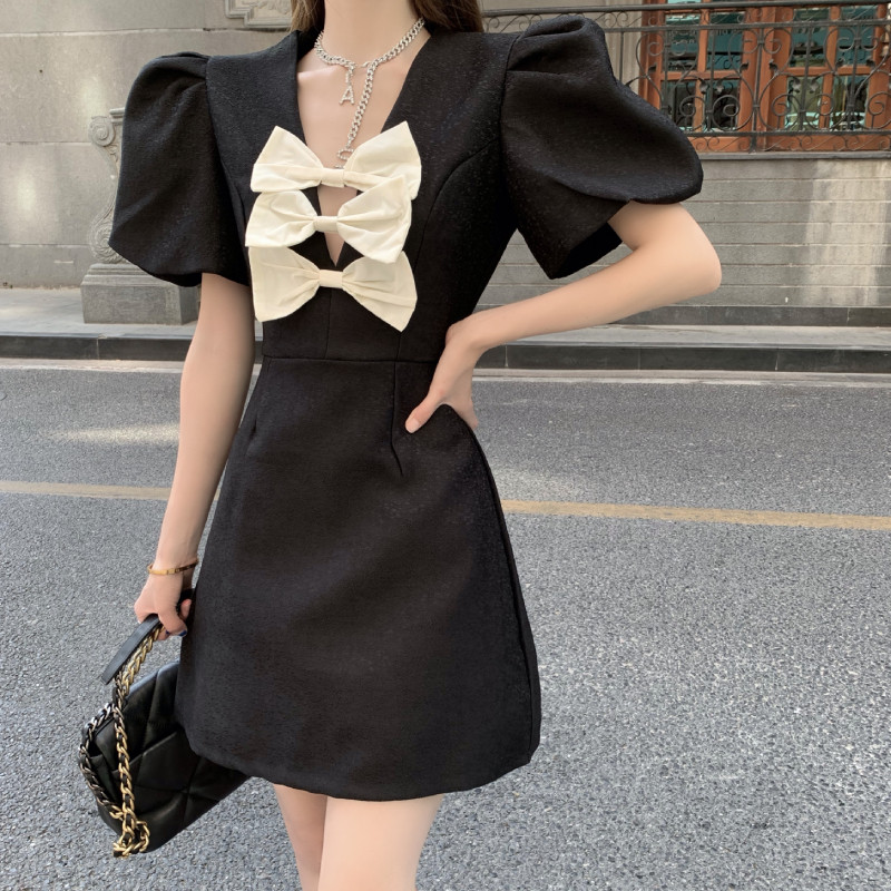 蝴蝶结裙子子女显瘦夏季2021新款收腰字裙法式连衣裙