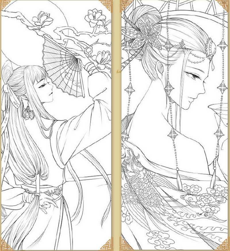 古风涂色书线描集 飞乐鸟秘密花园彩铅画水彩马克笔人物漫画教程 临摹