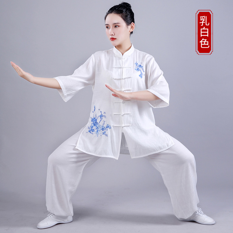 宏情棉麻绣花春秋长袖太极服女亚麻夏季休闲太极服