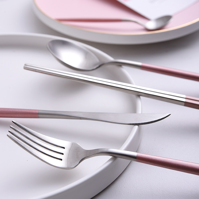 刀叉不锈钢玫瑰金粉西餐餐具家用筷子套装牛排西餐餐具套装