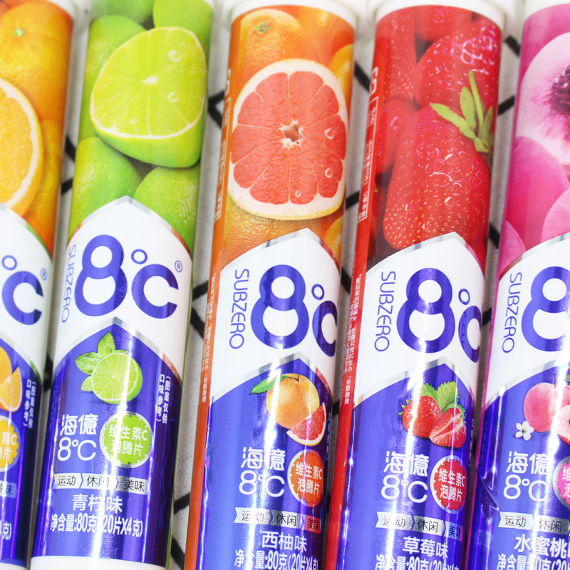 海亿8度维生素泡腾片80g水蜜桃草莓青柠香橙vc传统糖果