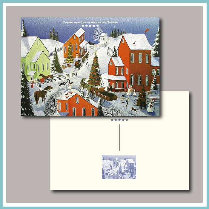 美国数字油画明信片海报贺卡圣诞卡童话小镇平安夜贺卡