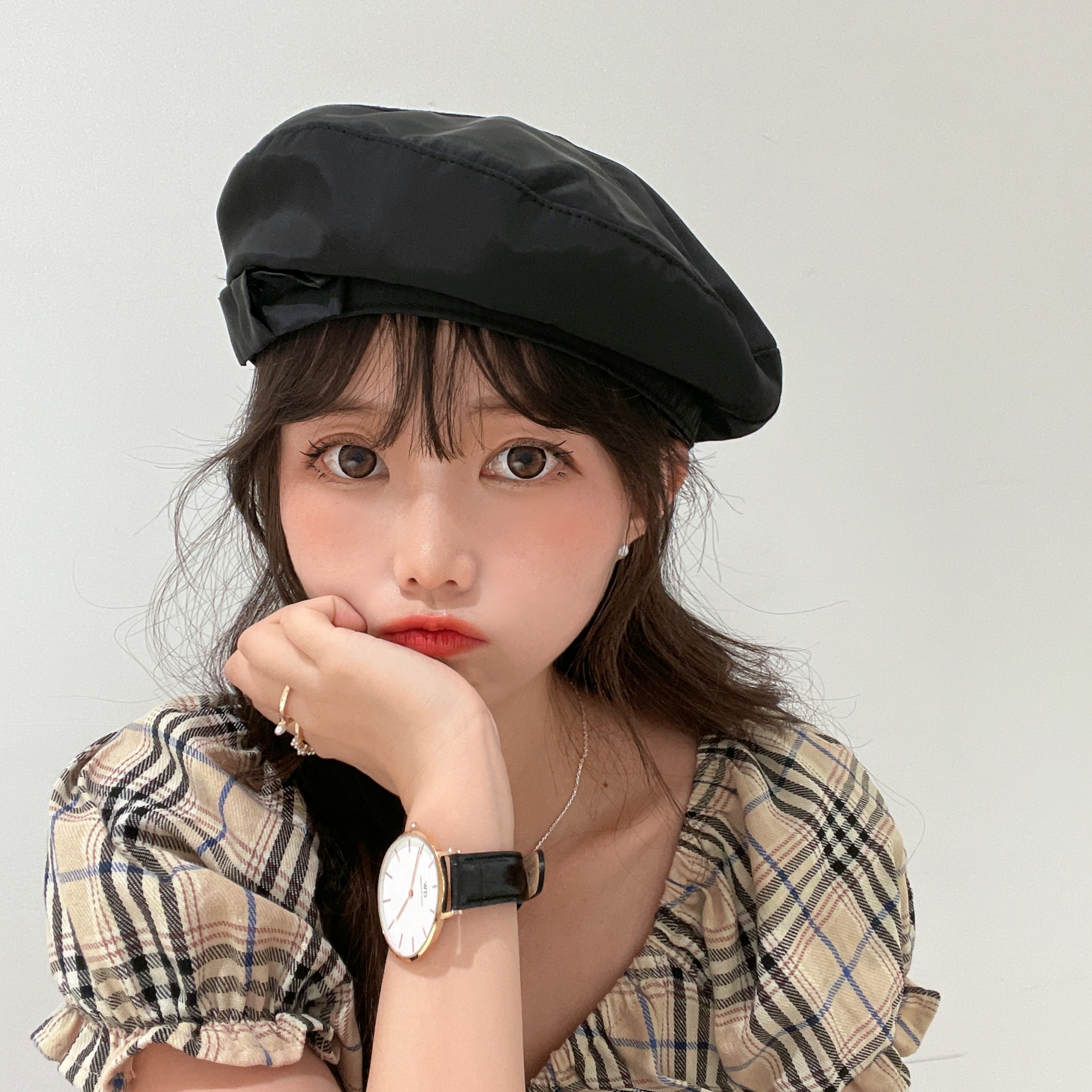 日系贝蕾黑色蝴蝶结贝雷帽女薄款百搭艺术帽子纯棉帽子