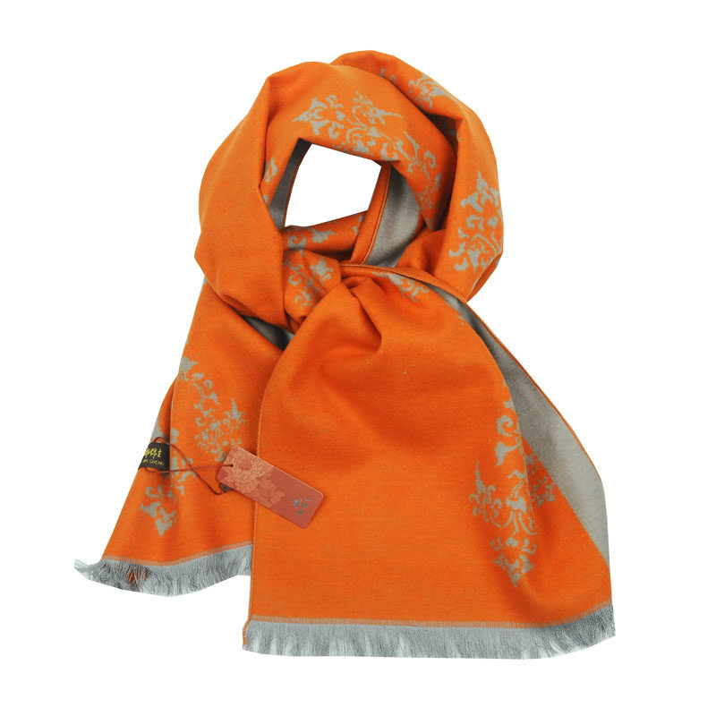 都锦生冬季保暖围巾桑蚕蚕丝拉绒暖绒橘灰双面围巾