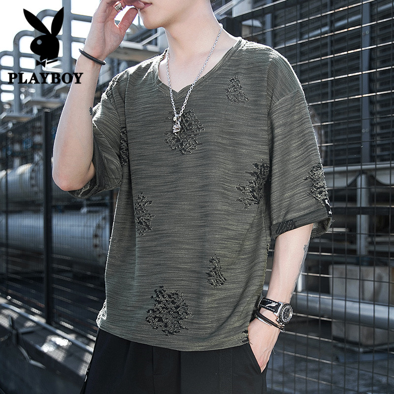 花花公子短袖t恤男士夏季薄款宽松V领镂空潮牌五分袖体恤冰丝衣服