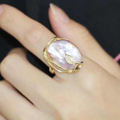 洛克天然淡水异形珍珠复古包金镶钻活口女款调节指环戒指