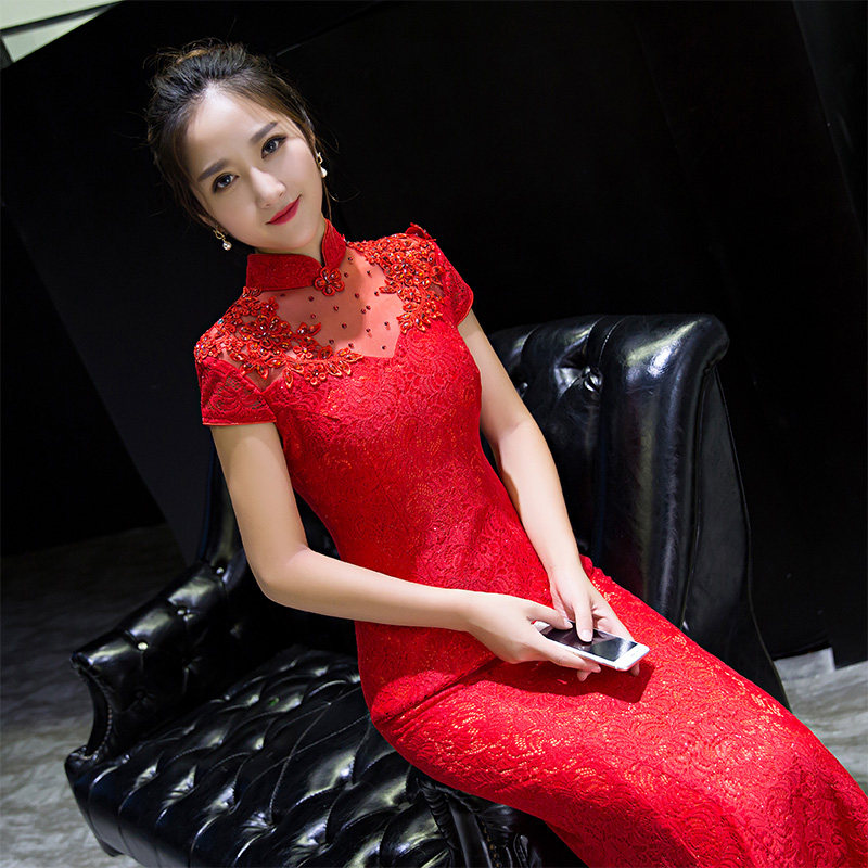 新娘旗袍敬酒服女2019春款新款结婚红色蕾丝长款中式礼服修身鱼尾