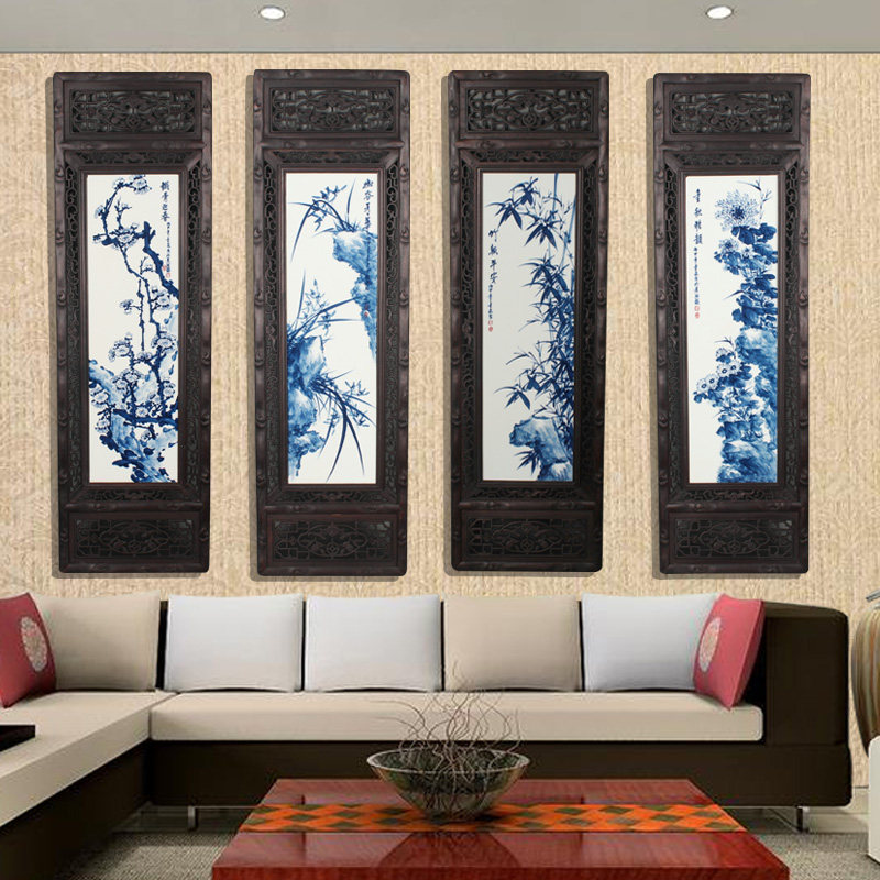 景德镇陶瓷瓷画青花手绘梅兰竹菊图瓷板画家居客厅现代装饰画