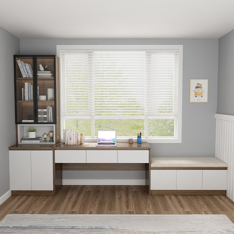 实木飘窗书桌书柜一体阳台储物柜可坐柜卧室窗台地柜矮柜置物定制