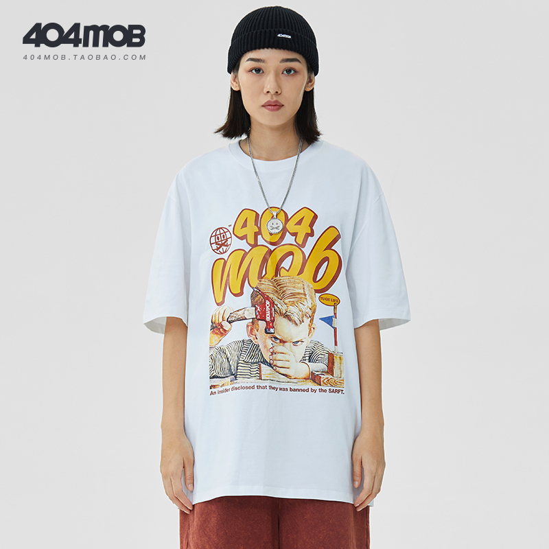 404MOB国潮复古油画印花短袖T恤男女半袖宽松潮牌ins超火bf情侣装