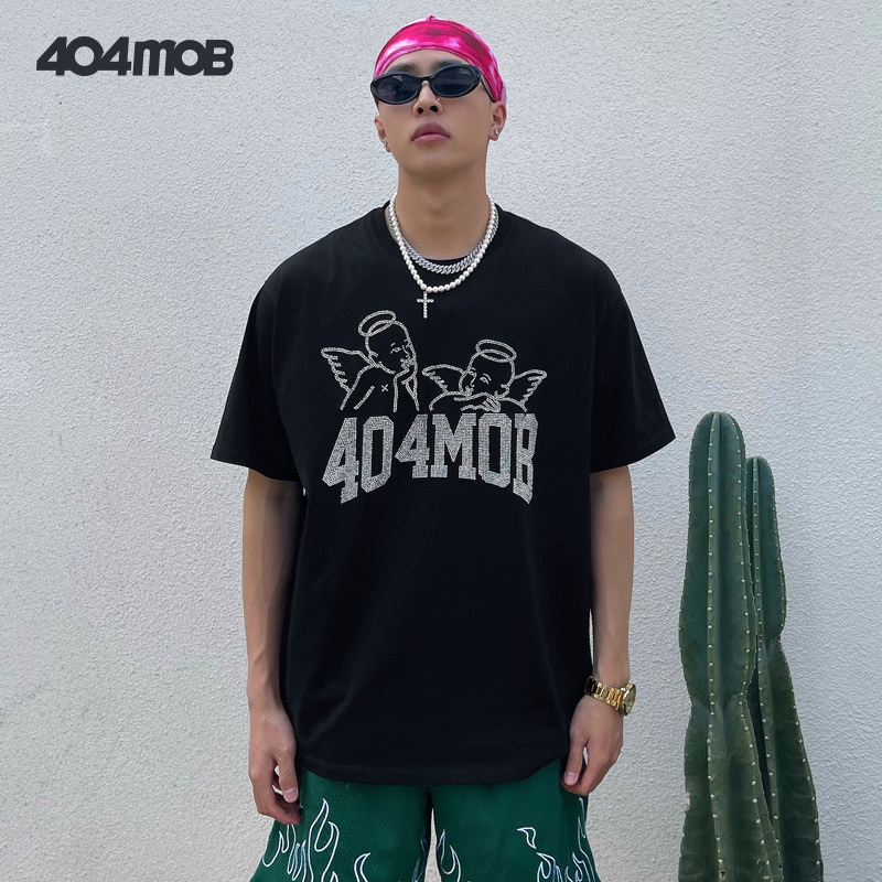 404mob潮牌天使logo烫钻短袖男女潮流ins街头t恤