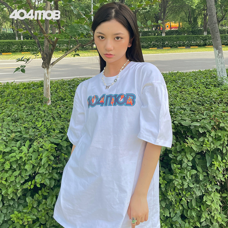404MOB火焰笑脸LOGO街头嘻哈潮牌半袖短袖情侣T恤男女ins宽松潮流