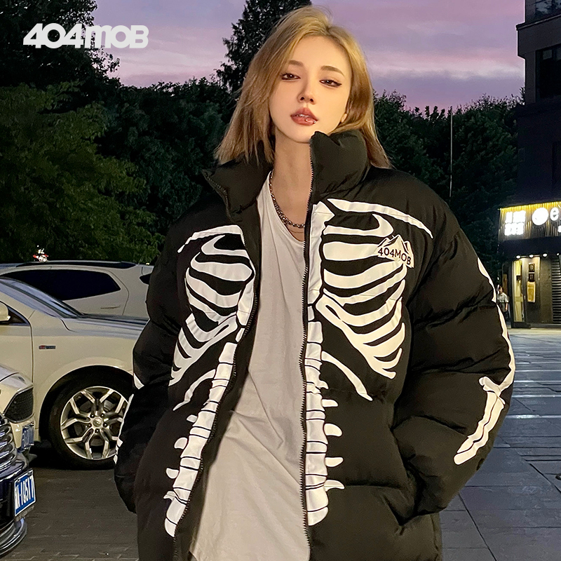 404MOB骷髅印花宽松立领棉服外套男女潮流百搭秋冬保暖厚仿羽绒棉