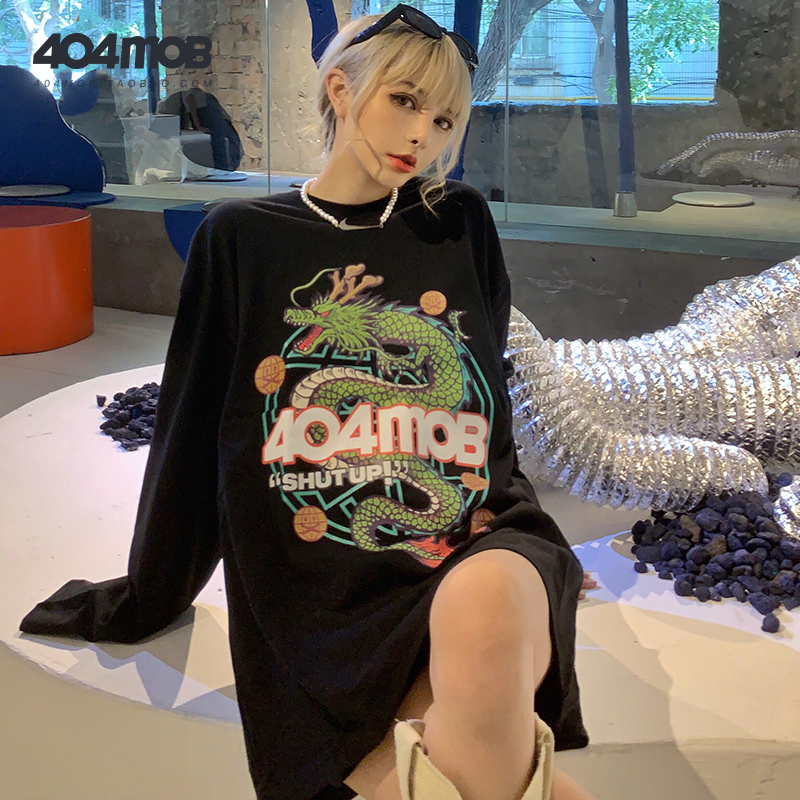 404MOB遇见神龙系列美式潮牌长袖T恤上衣男宽松圆领休闲打底衫女