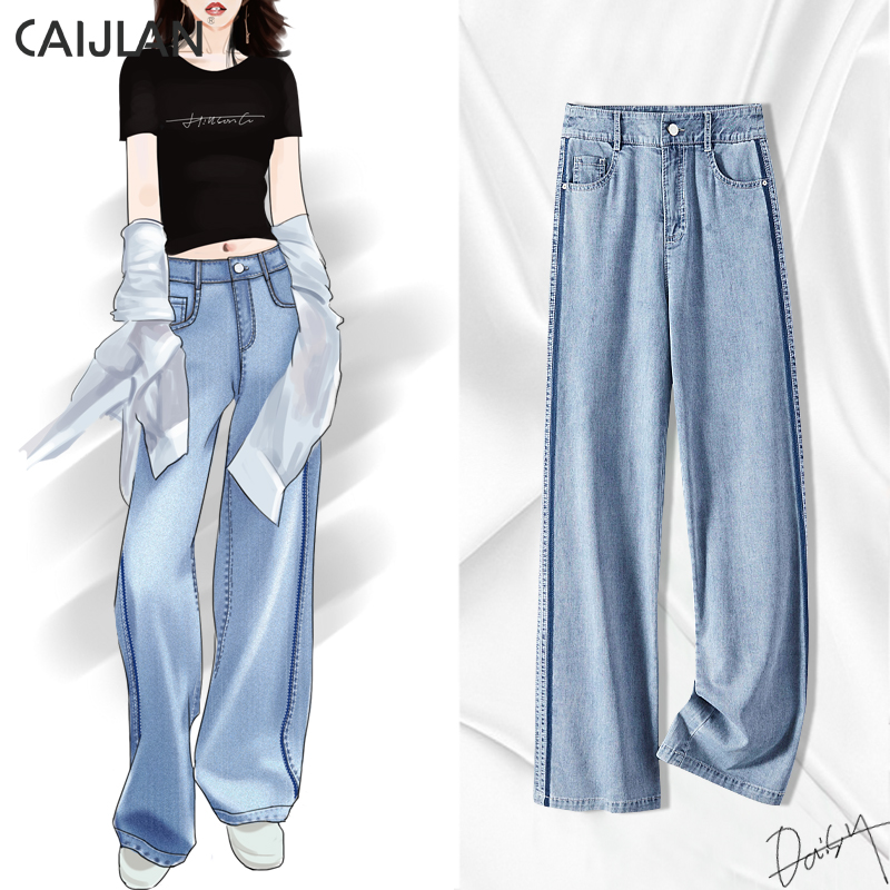 彩姬兰天丝牛仔裤女夏季薄款冰丝女裤莱赛尔软糯直筒裤高腰阔腿裤