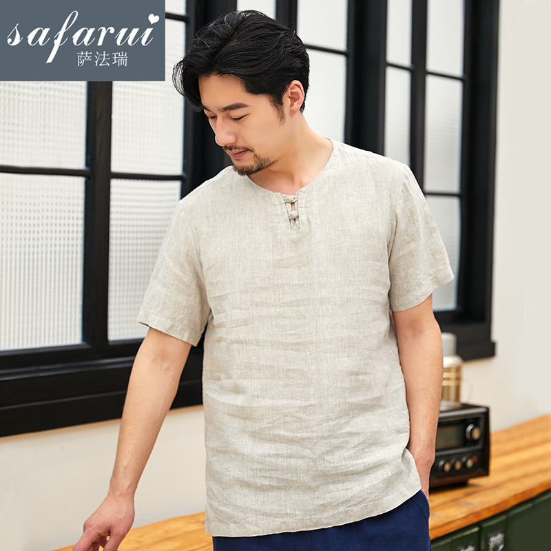 亚麻T恤男短袖宽松夏季薄款圆领中式复古中国风男装男士棉麻上衣