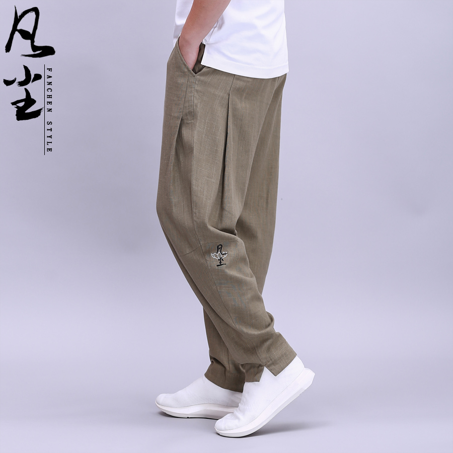 凡尘亚麻裤男宽松哈伦裤男士休闲裤夏季薄款运动裤男中国风男裤