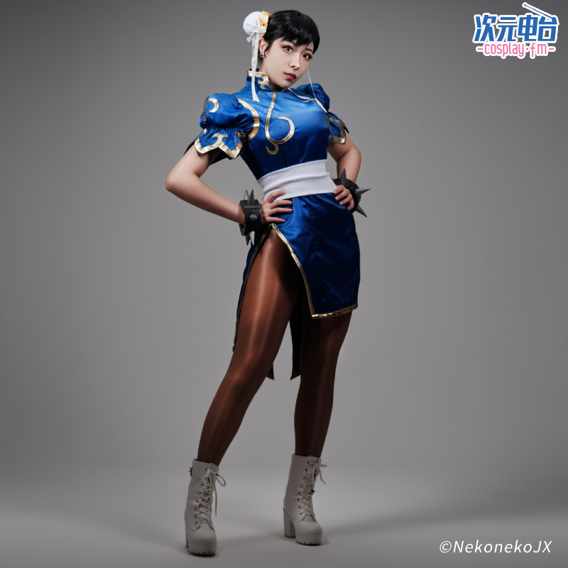 春丽cos蓝色旗袍街头霸王对决战斗服快旋风头饰cosplay女装