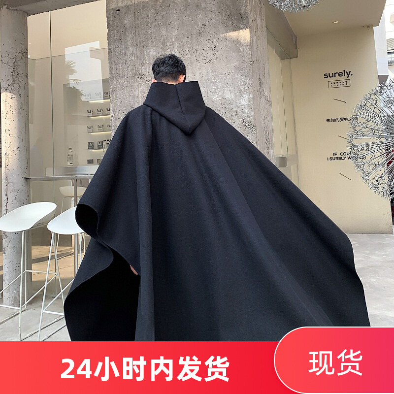 春秋新款山本风暗黑系个性中长款oversize超宽松连帽风衣毛呢外套