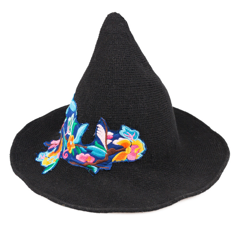 素萝原创 青丝冠 民族风配饰新款休闲黑色尖顶帽刺绣巫师帽子女冬