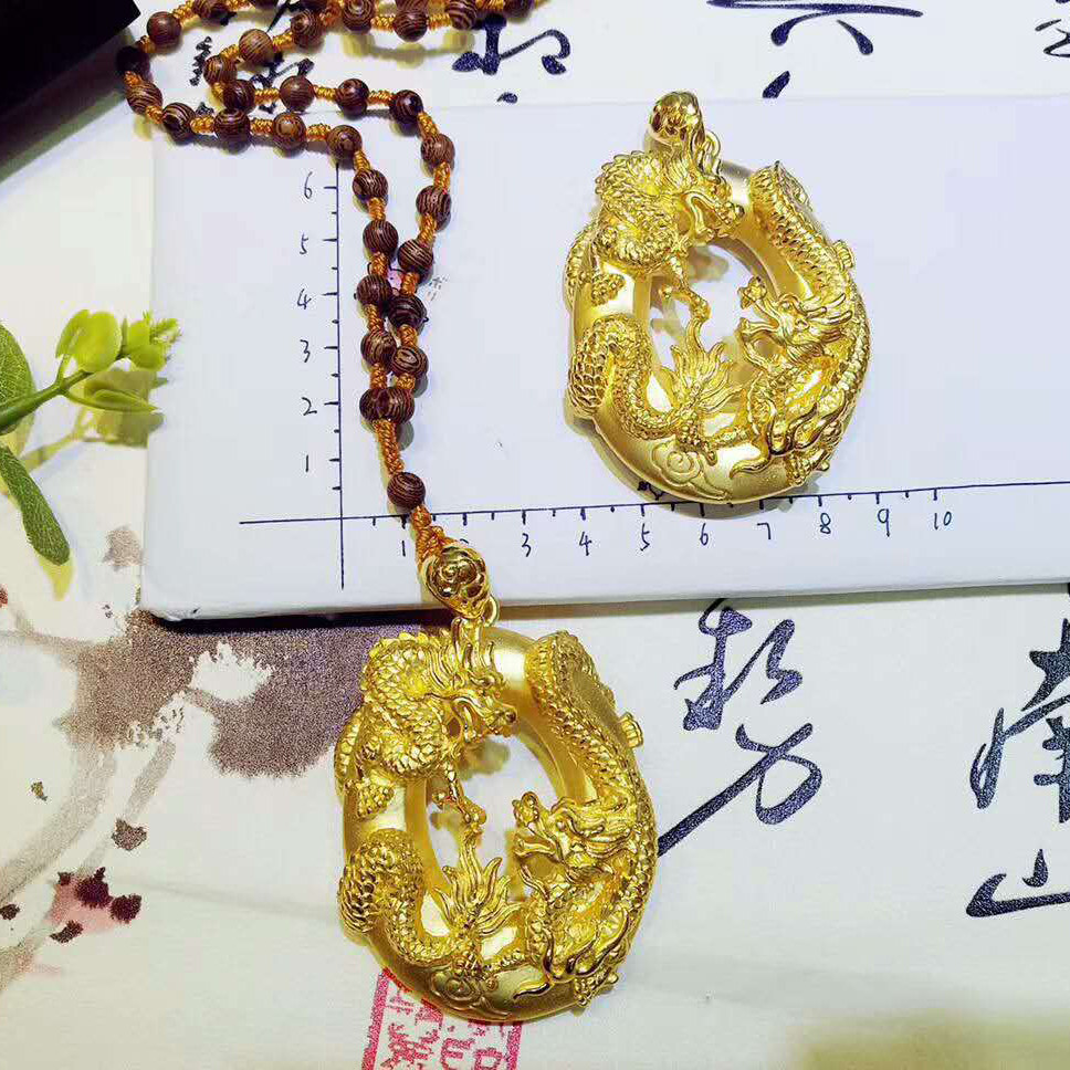 米勒珠宝正品足金金龙吊坠3d硬金霸气龙牌颈饰